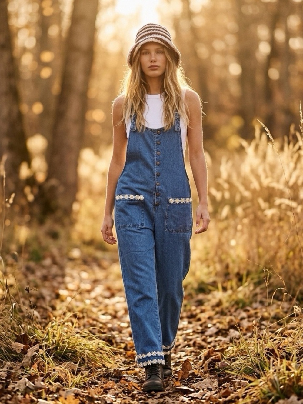 Forever 21 Women’s Size 28 Denim Daisy Trim Button Front Overalls